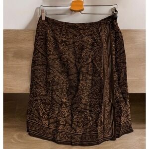 Vintage Jones New York Brown Print 100% Silk‎ Wrap Pencil Skirt Size 10